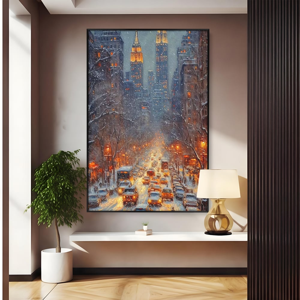 Tablou canvas cu pictura cu bulevard inzapezit si masini, in rama de aluminiu negru
